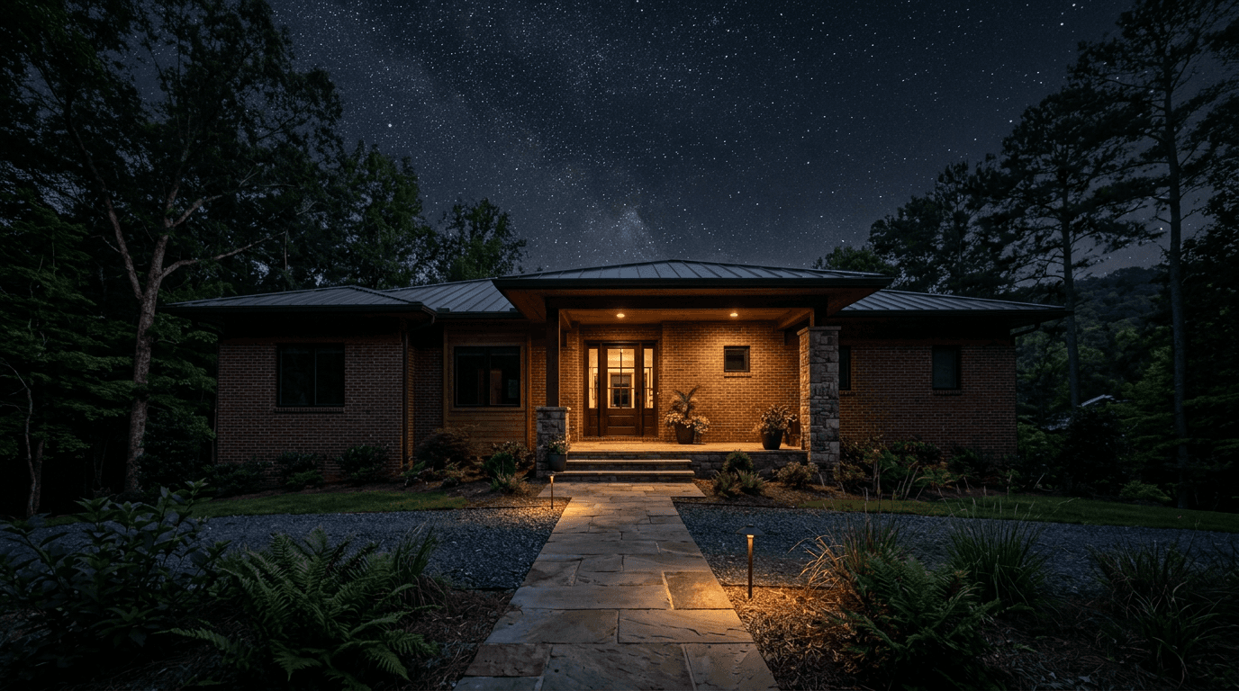 A North Georgia home with discreet, warm, downward-aimed path and porch lights beneath a dark night sky