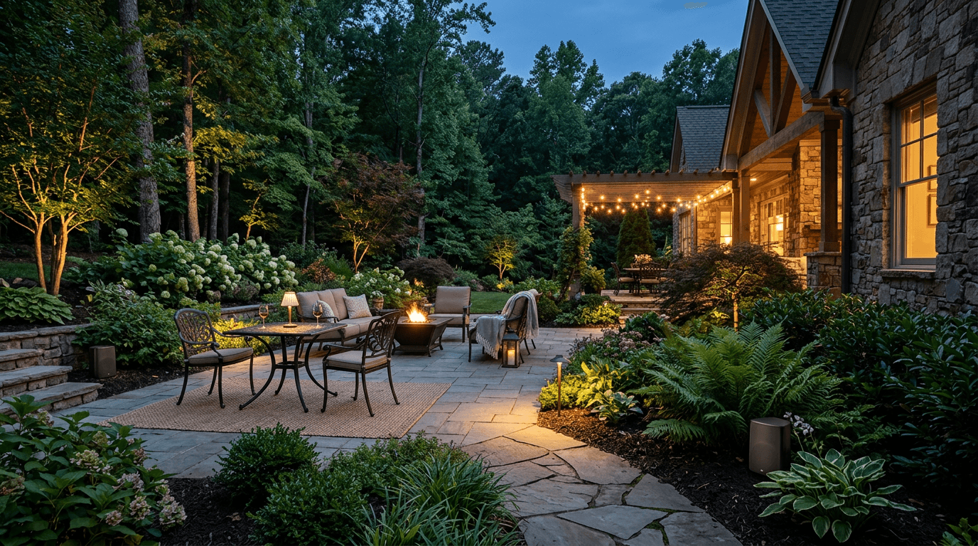 Discreet landscape speakers set among garden beds beside a softly lit North Georgia patio at dusk